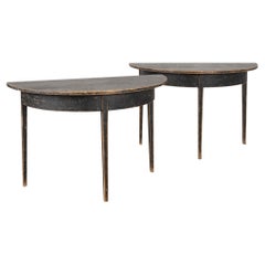 Pair, 19th Century Black Painted Pine Swedish Demilune Side Tables Consoles