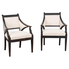 Pair, 19th Century Black Swedish Gustavian Pair of Armchairs