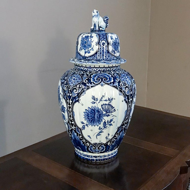 Pair of 19th Century Blue and White Lidded Vases at 1stDibs