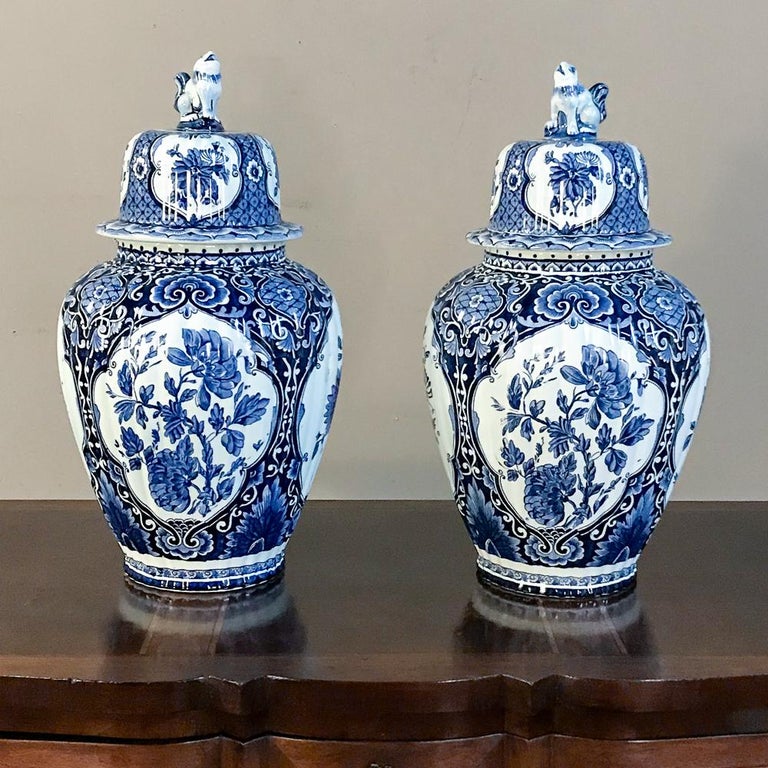 Pair of 19th Century Blue and White Lidded Vases at 1stDibs
