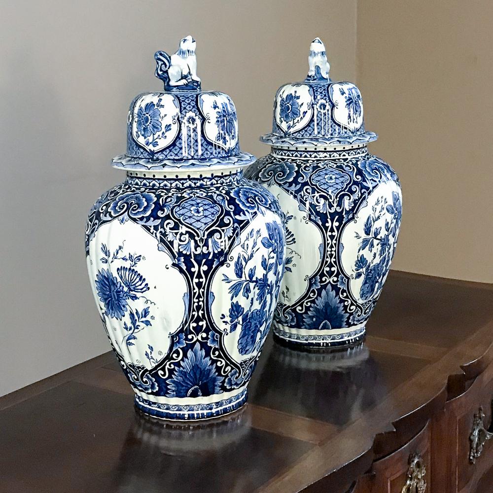 Belgian Pair of 19th Century Blue and White Lidded Vases