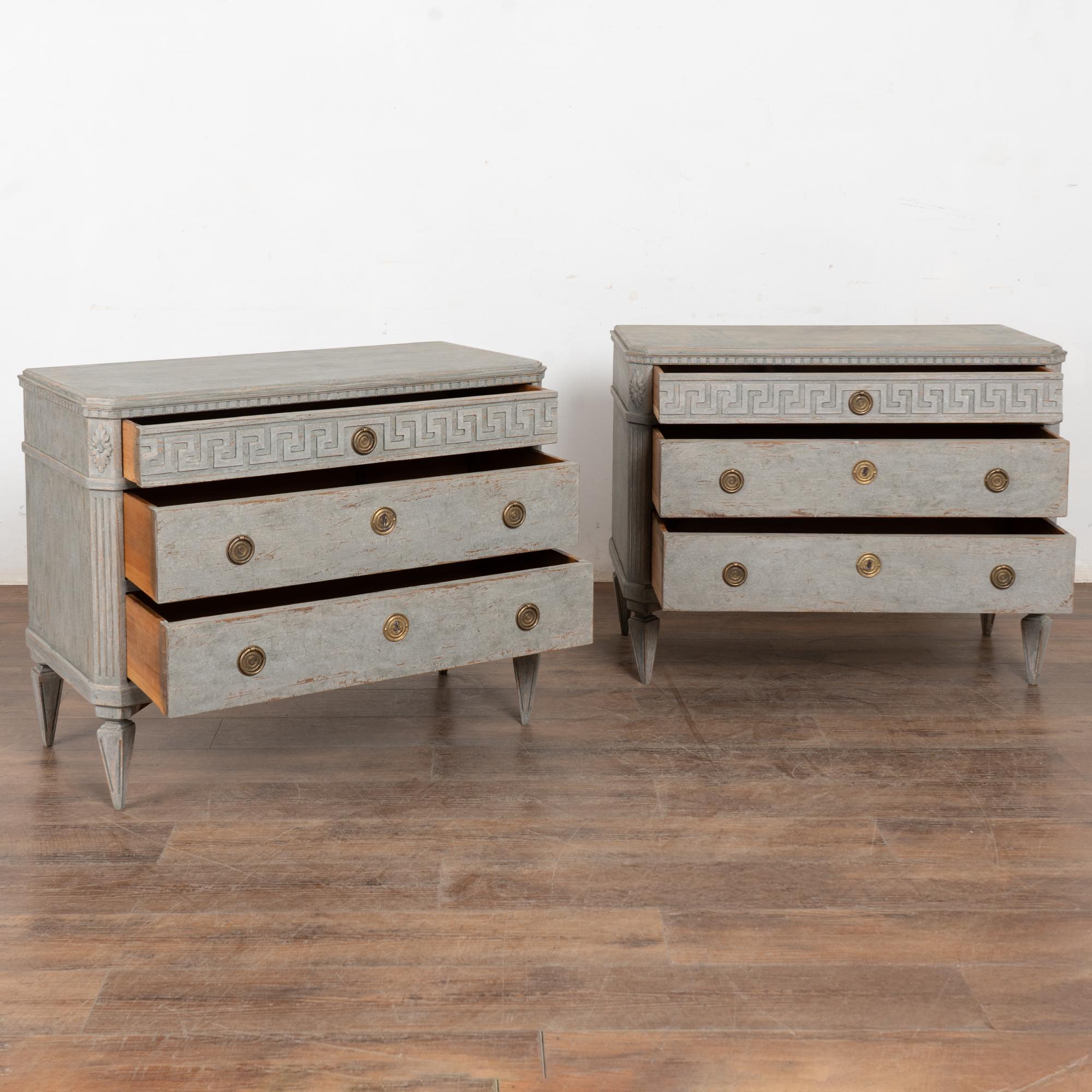 Pair, 19th Century Blue Swedish Gustavian Chest of Three Drawers In Good Condition For Sale In Round Top, TX