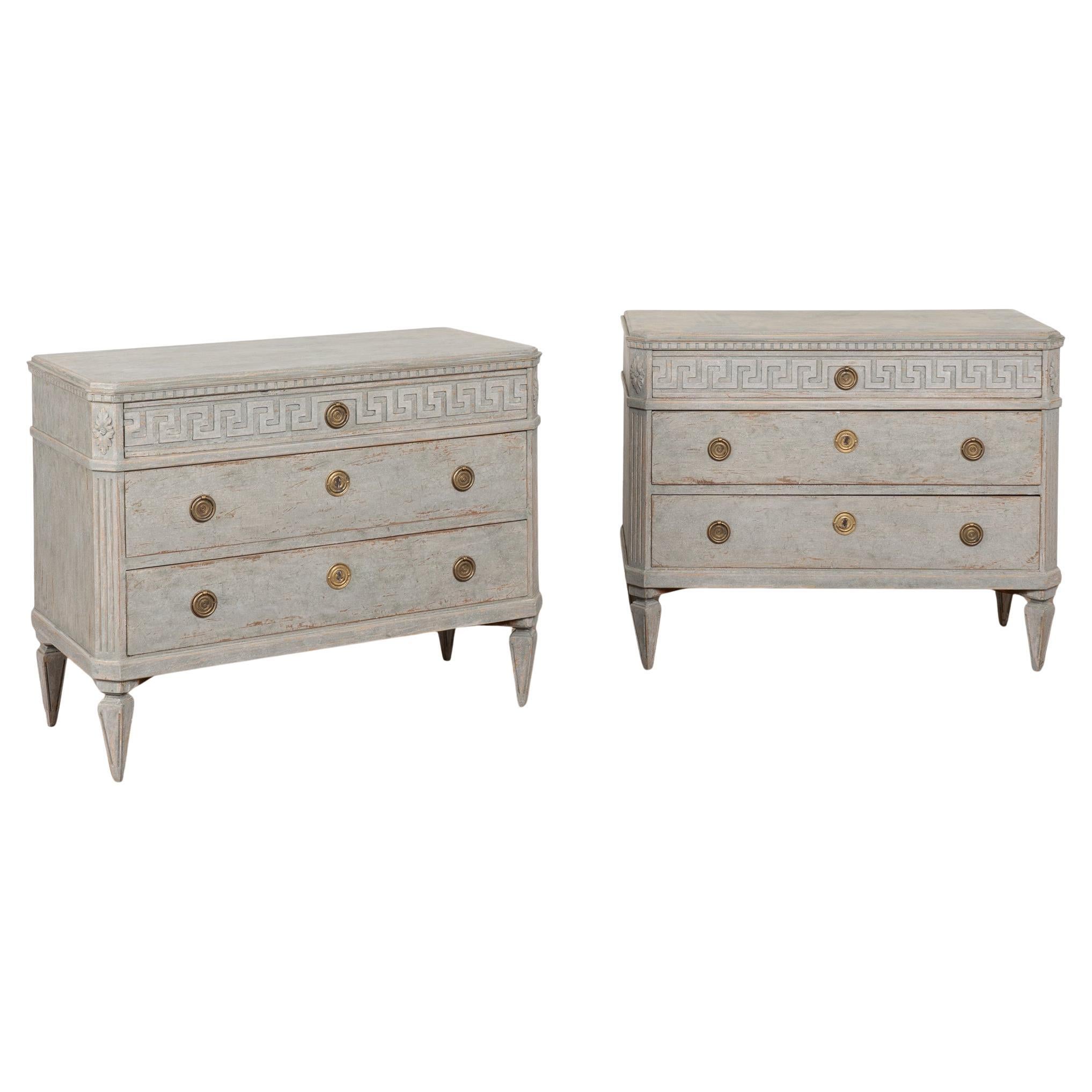 Pair, 19th Century Blue Swedish Gustavian Chest of Three Drawers For Sale