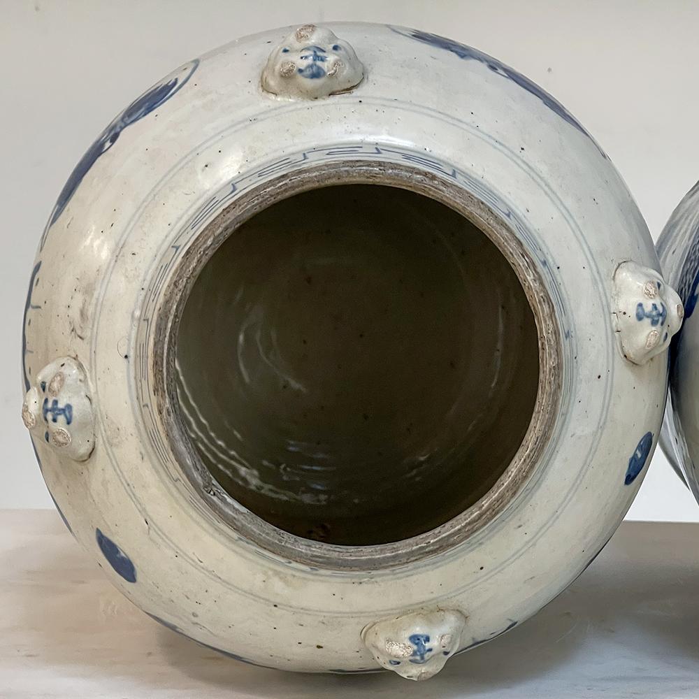 Pair 19th Century Blue & White Chinese Lidded Urns 12