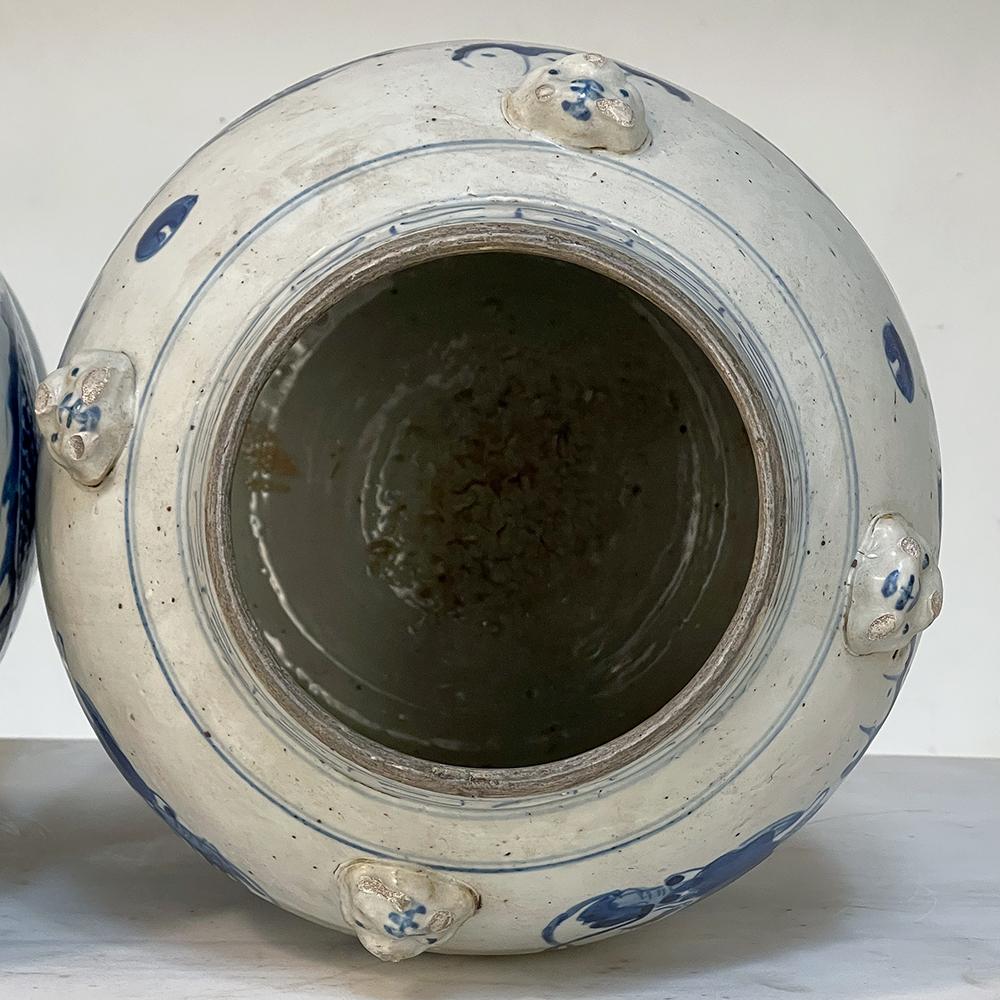 Pair 19th Century Blue & White Chinese Lidded Urns For Sale 13