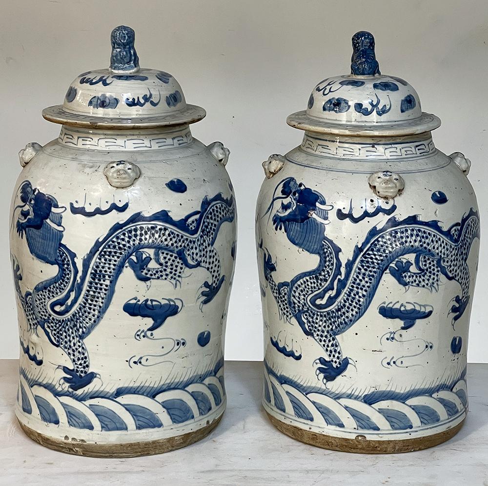 Ironstone Pair 19th Century Blue & White Chinese Lidded Urns For Sale