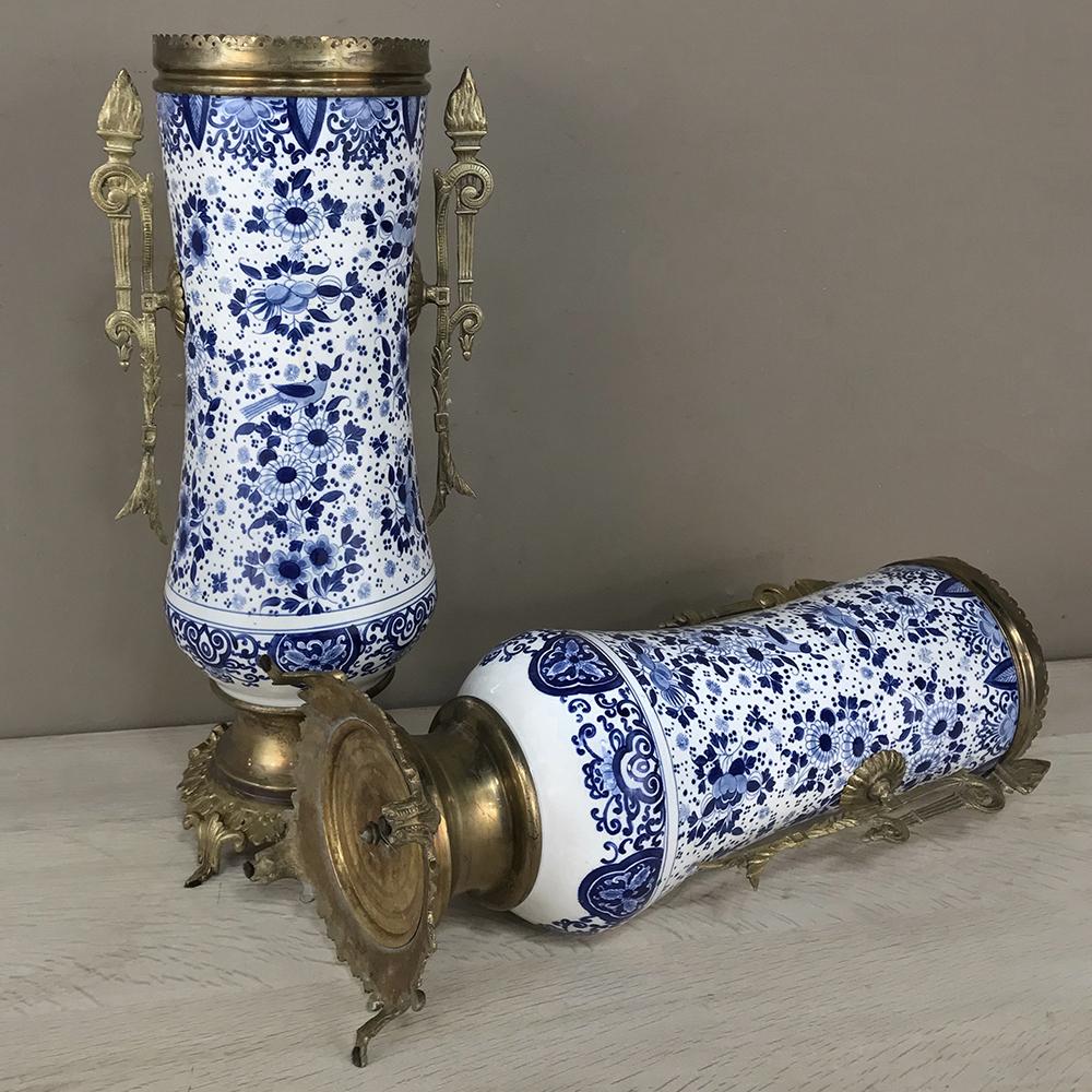 Pair of 19th Century Blue and White Delft Vases with Brass 3