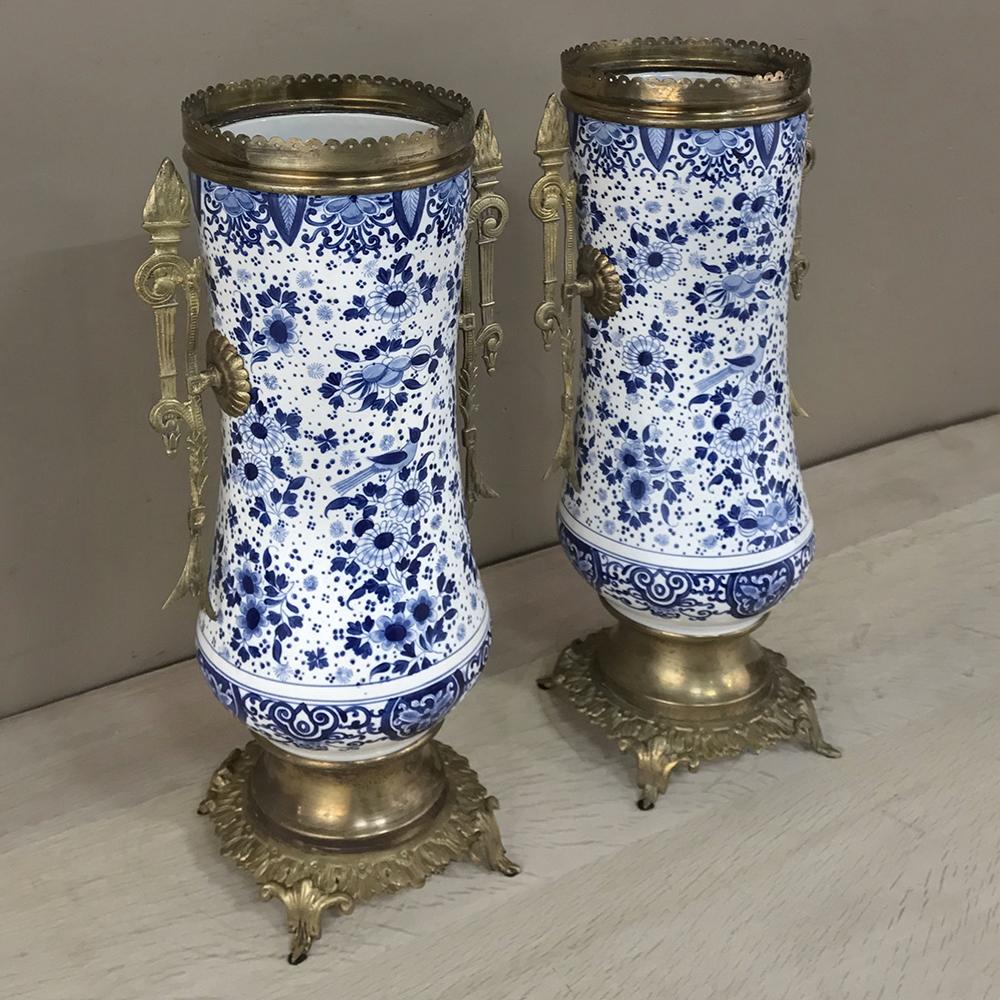 Chinoiserie Pair of 19th Century Blue and White Delft Vases with Brass