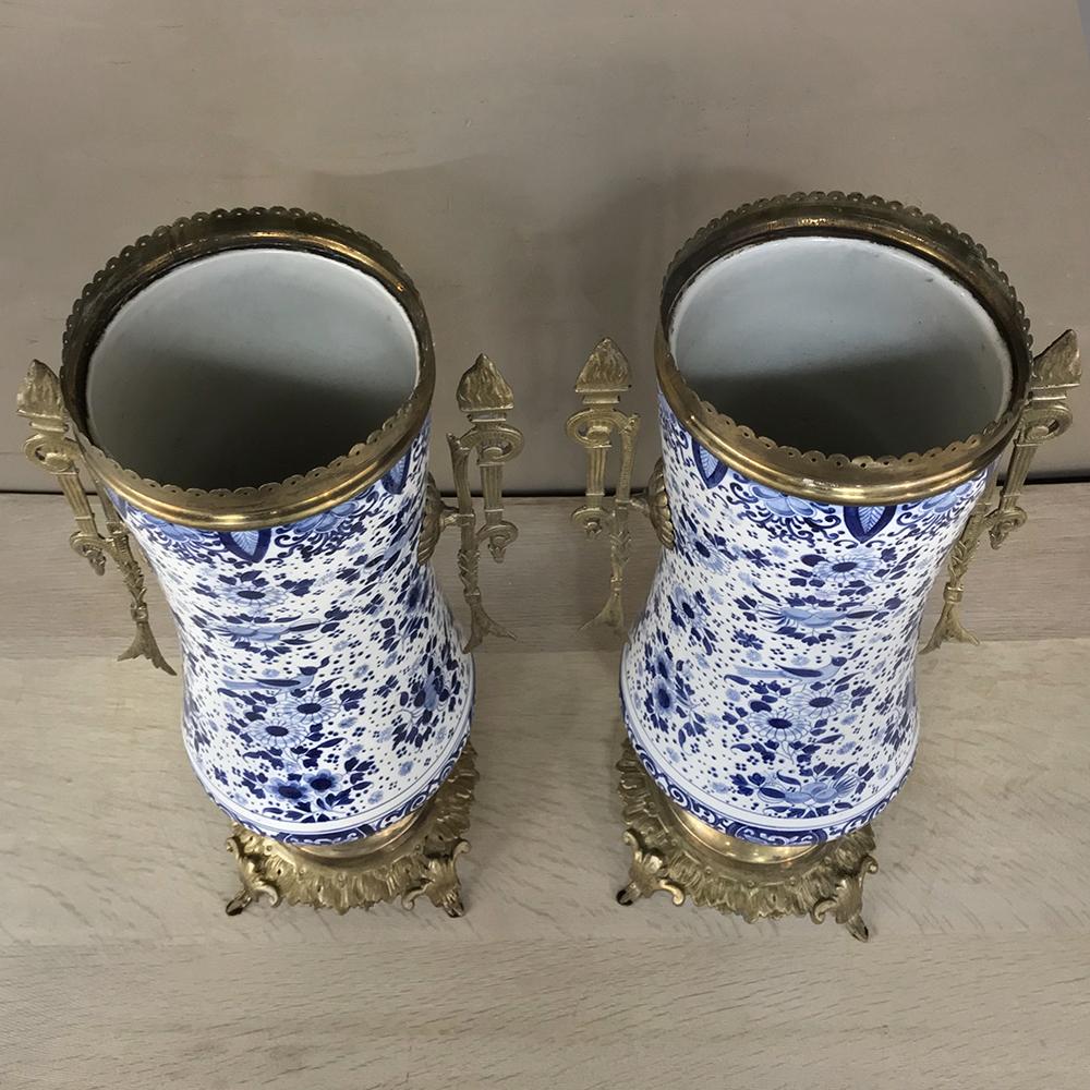 Dutch Pair of 19th Century Blue and White Delft Vases with Brass