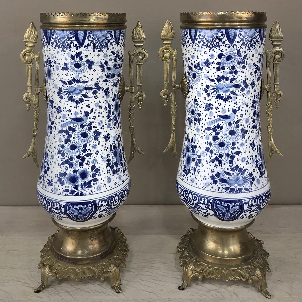 Hand-Crafted Pair of 19th Century Blue and White Delft Vases with Brass