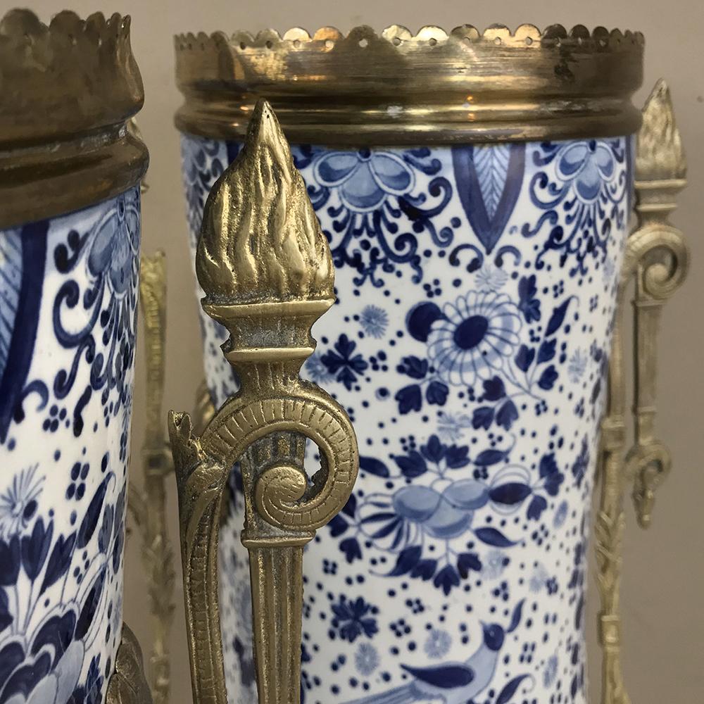 Pair of 19th Century Blue and White Delft Vases with Brass In Good Condition In Dallas, TX