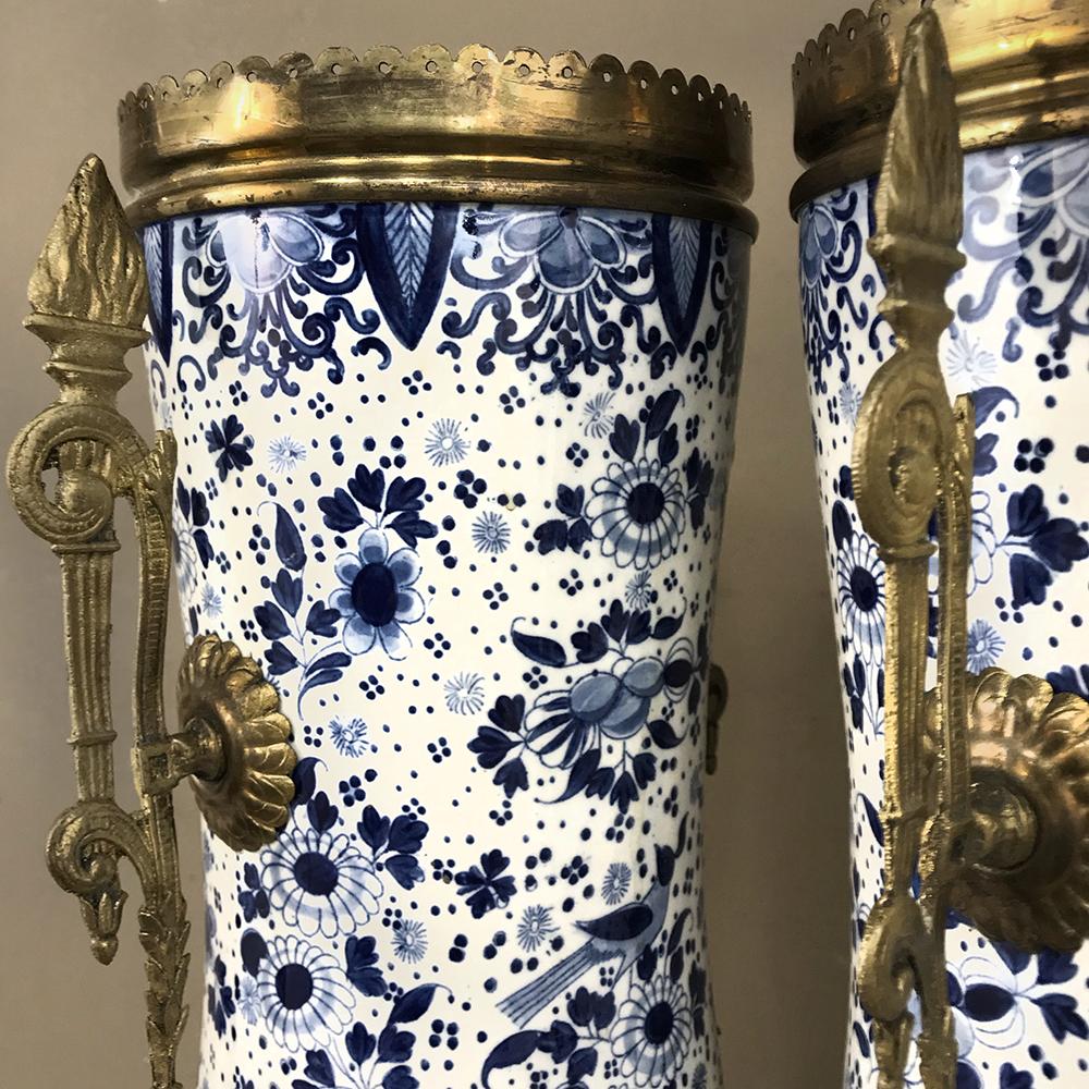 Pair of 19th Century Blue and White Delft Vases with Brass 2