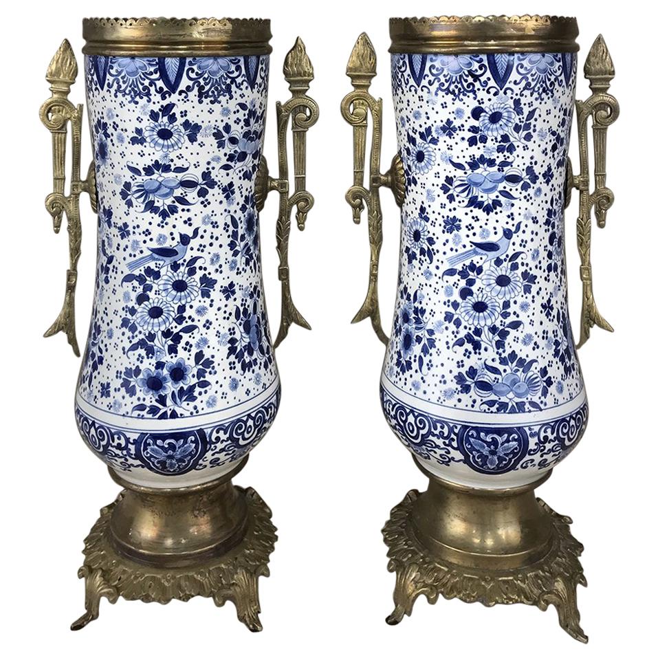 Pair of 19th Century Blue and White Delft Vases with Brass