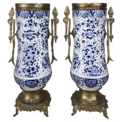 Pair of 19th Century Blue and White Delft Vases with Brass