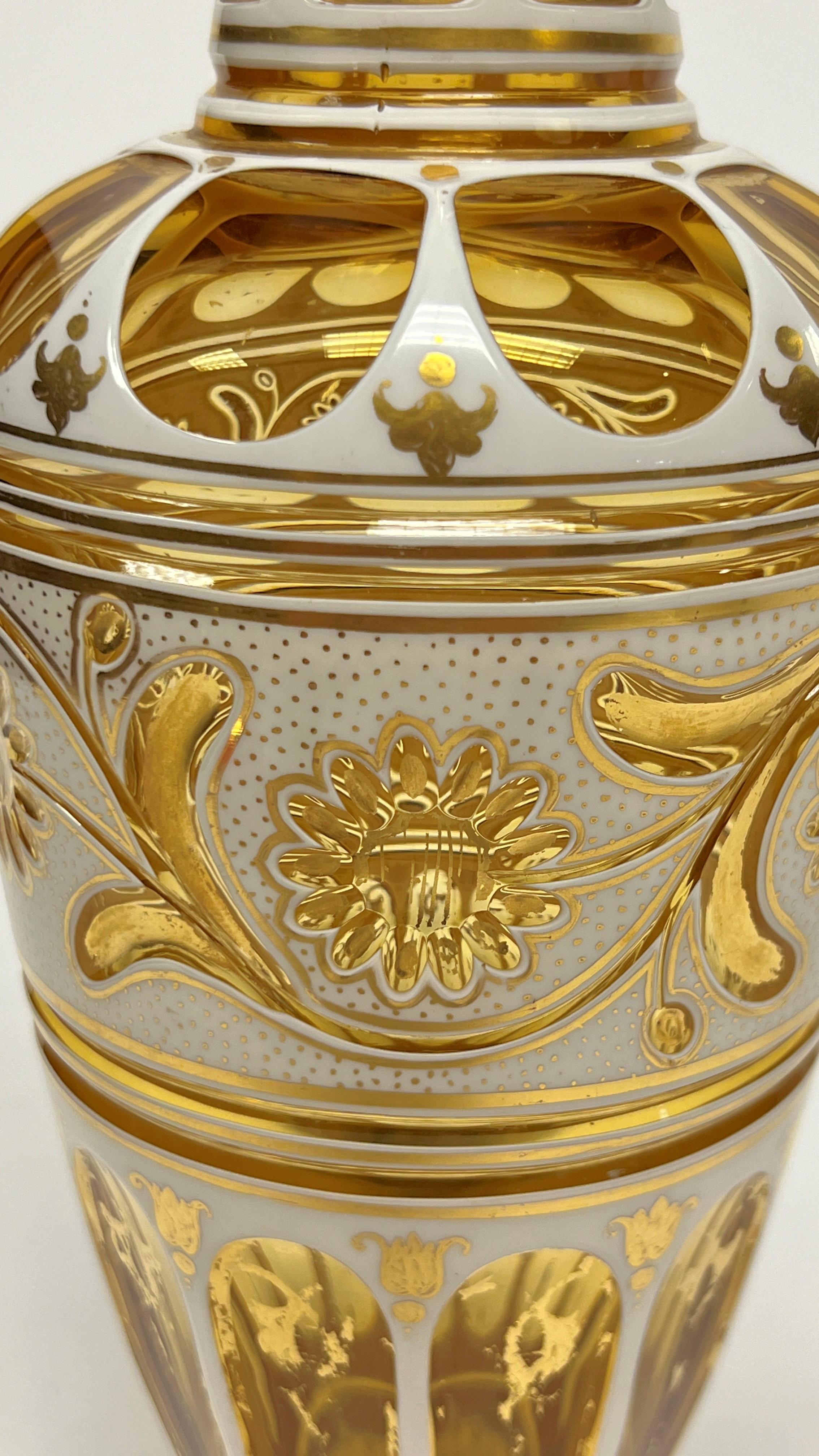 Pair 19th Century Bohemian Gilt White and Yellow Cased Glass Vases 9