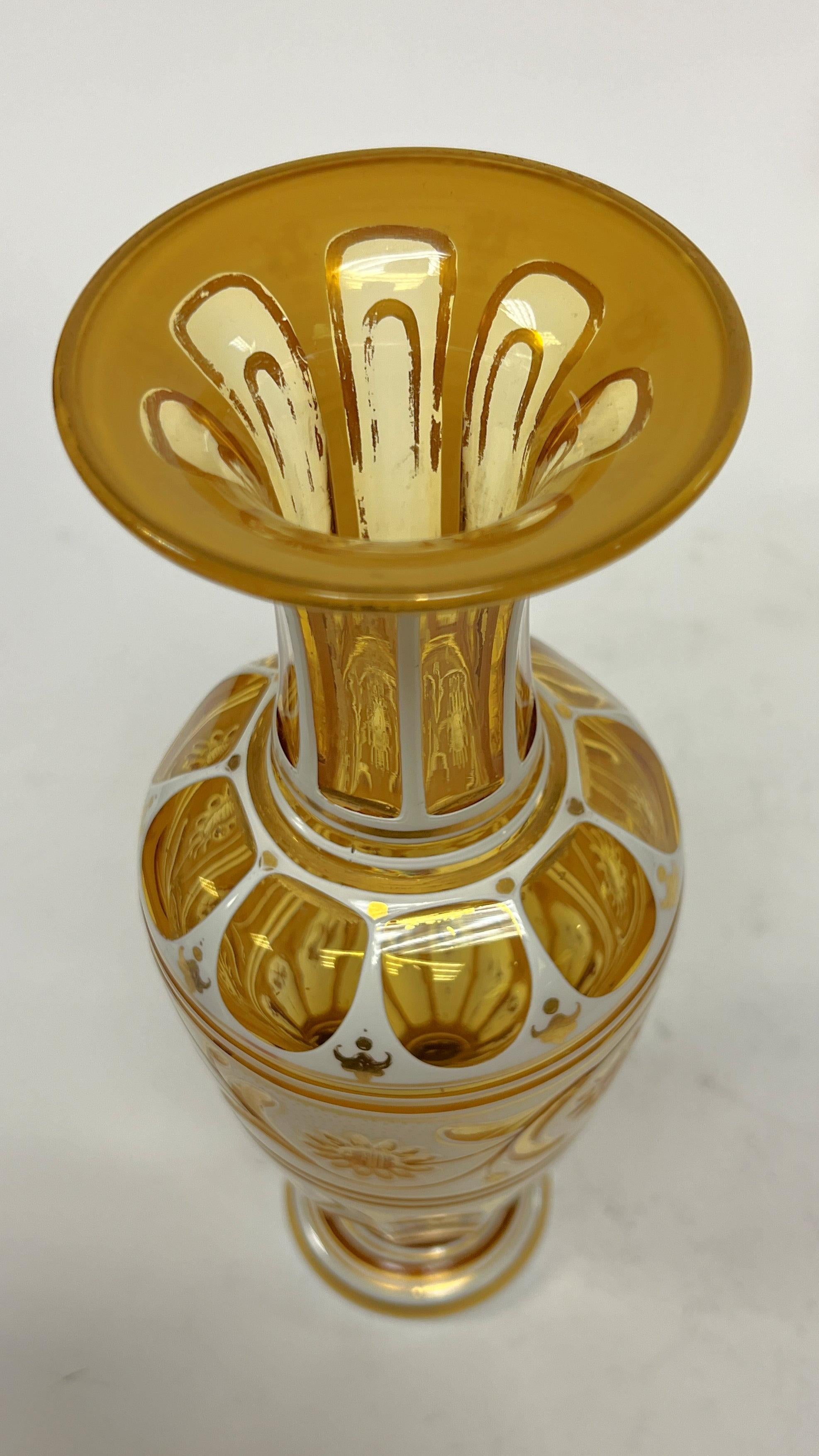 Pair 19th Century Bohemian Gilt White and Yellow Cased Glass Vases 10