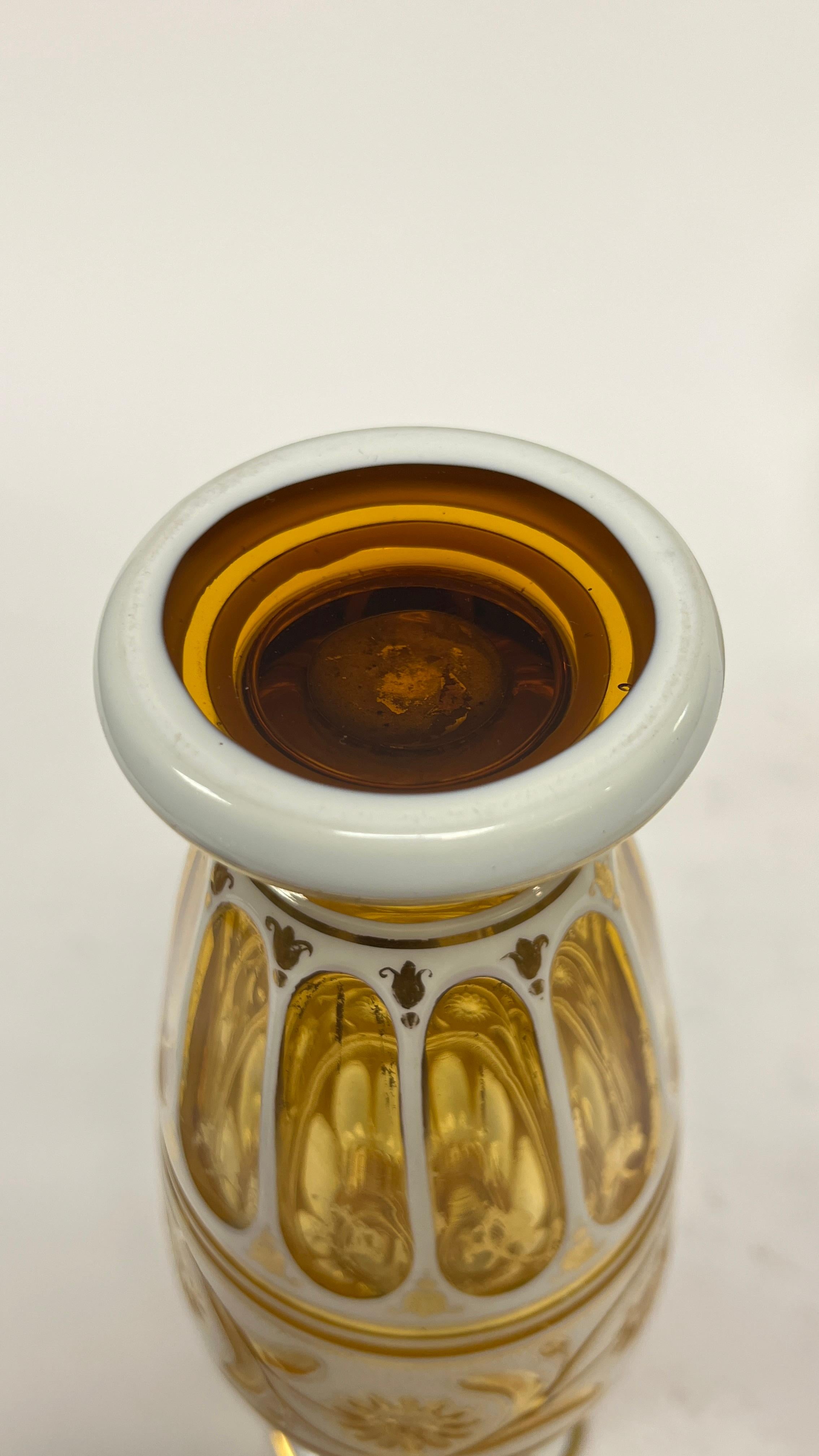 Pair 19th Century Bohemian Gilt White and Yellow Cased Glass Vases 11