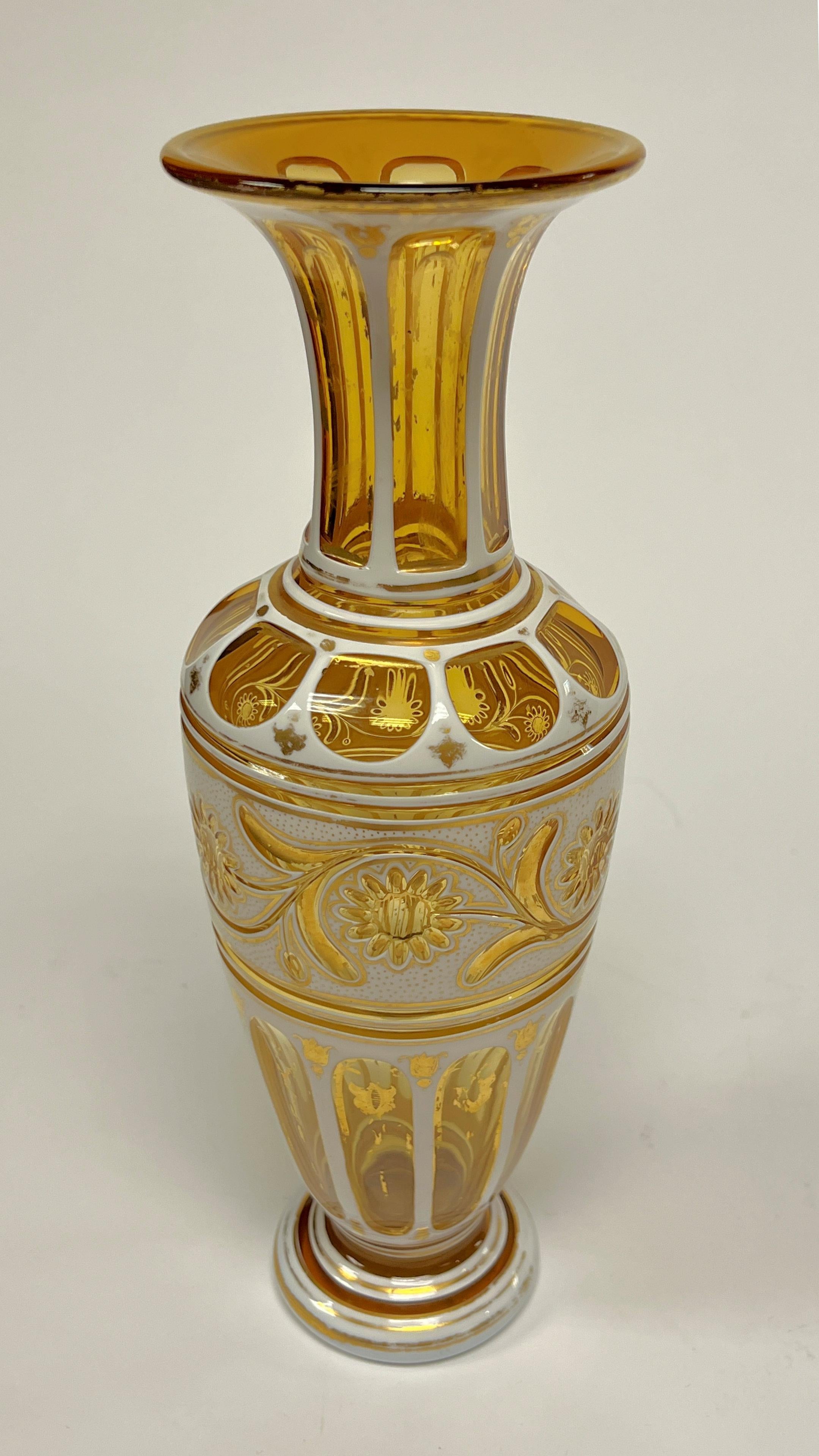 Czech Pair 19th Century Bohemian Gilt White and Yellow Cased Glass Vases