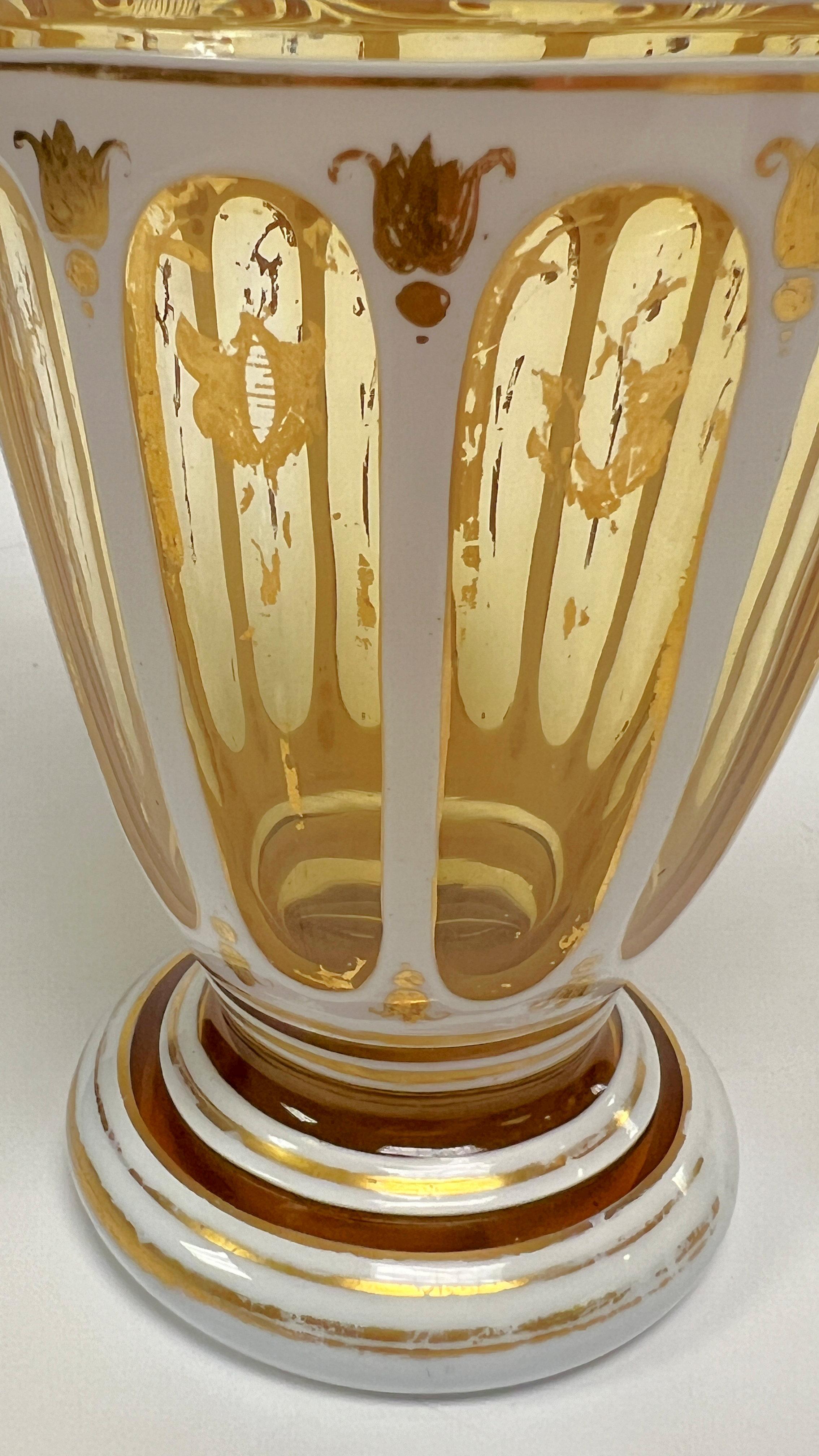 Blown Glass Pair 19th Century Bohemian Gilt White and Yellow Cased Glass Vases