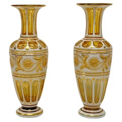Pair 19th Century Bohemian Gilt White and Yellow Cased Glass Vases