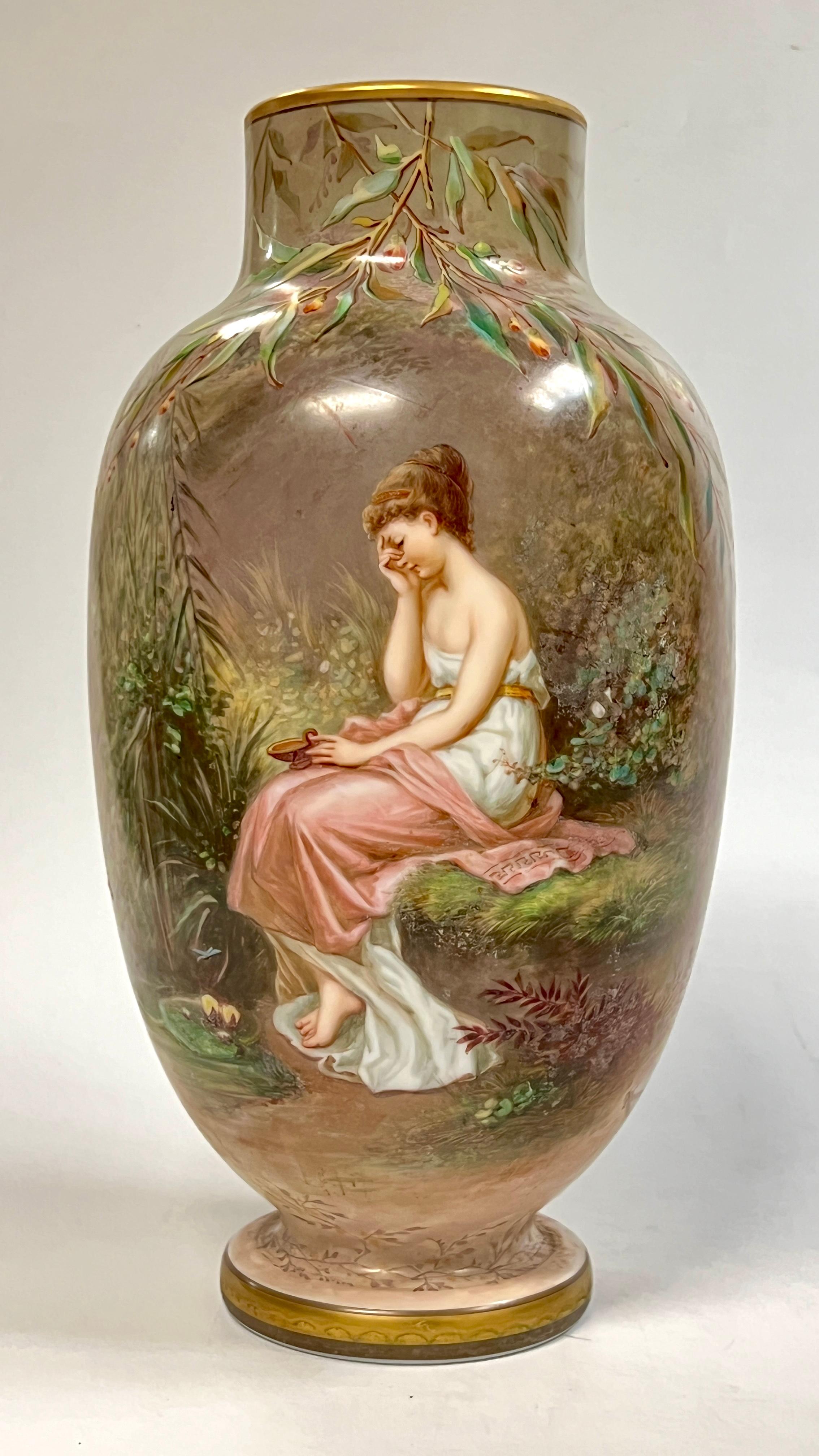 Pair 19th Century Bohemian Opaline Glass Vases Painted by Josef Ahne 5