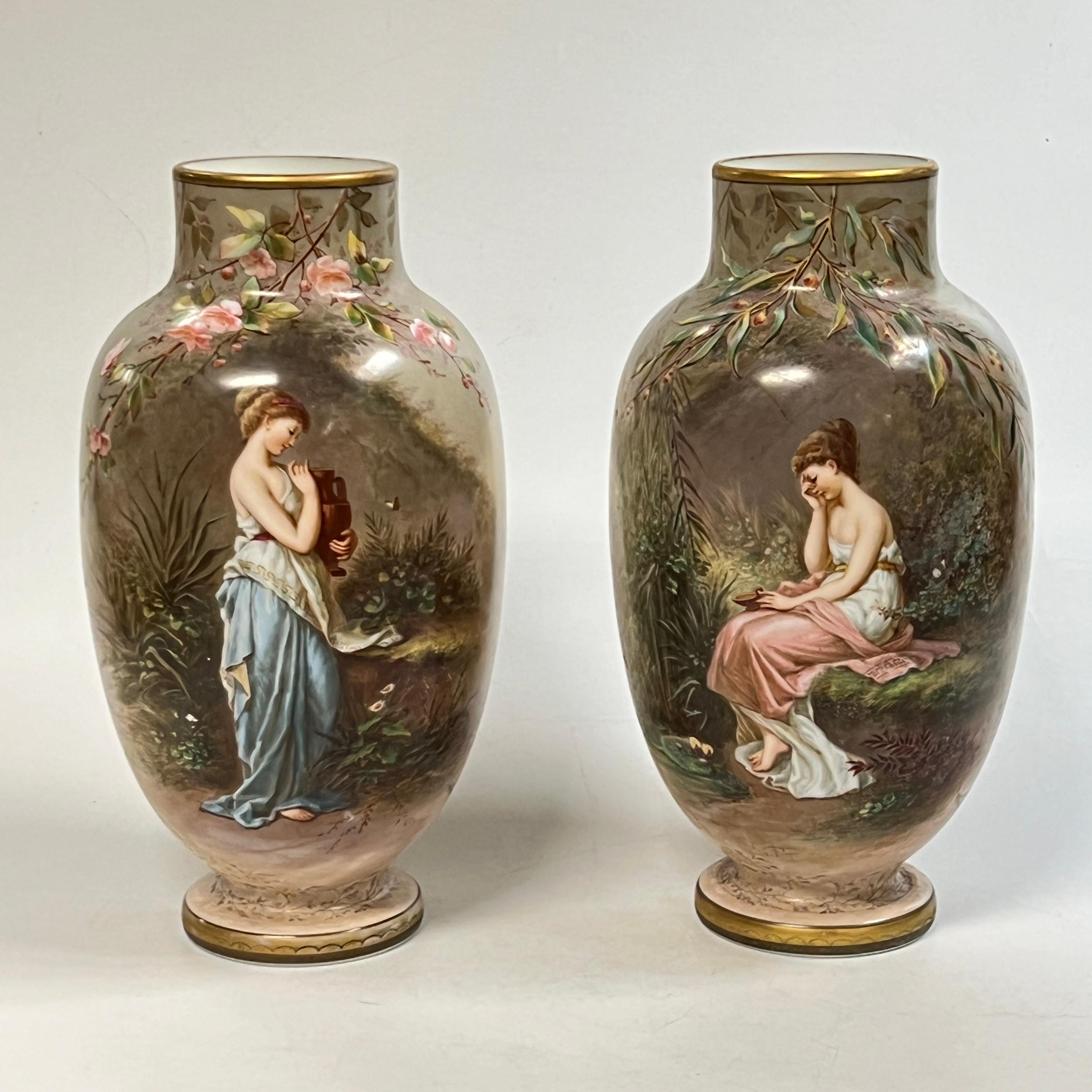 Czech Pair 19th Century Bohemian Opaline Glass Vases Painted by Josef Ahne