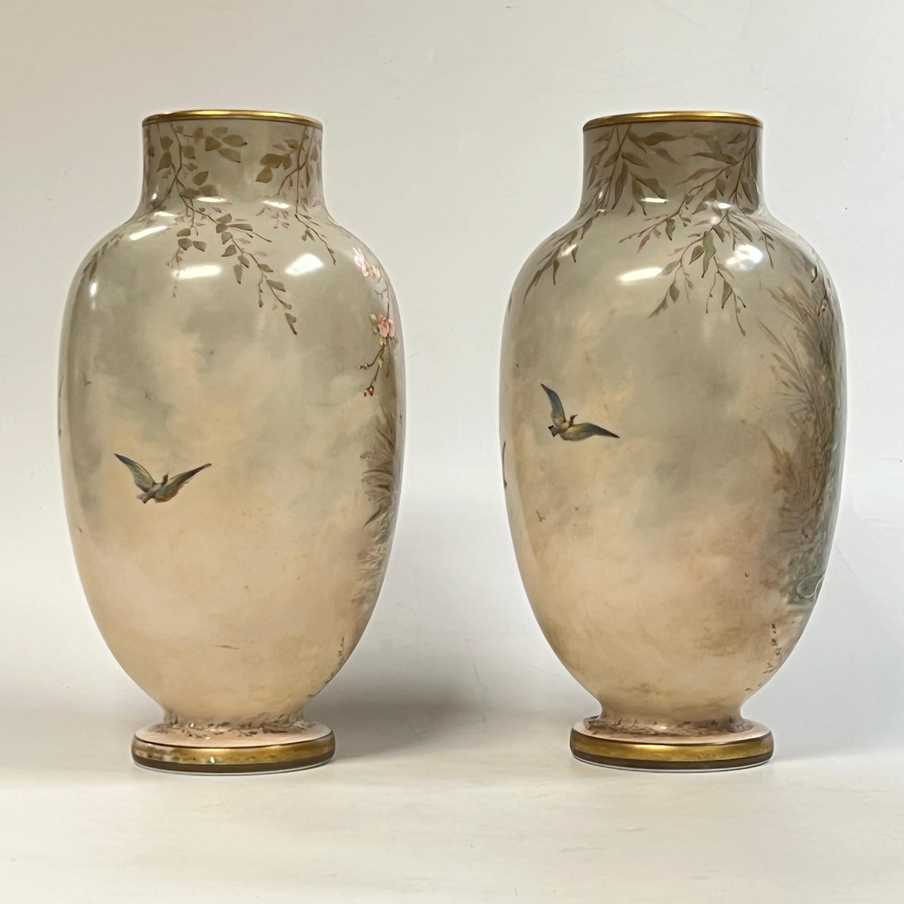 Hand-Painted Pair 19th Century Bohemian Opaline Glass Vases Painted by Josef Ahne