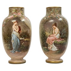 Pair 19th Century Bohemian Opaline Glass Vases Painted by Josef Ahne