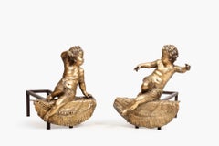 Pair of 19th Century Brass Fire Dogs Modeled as Cherubs