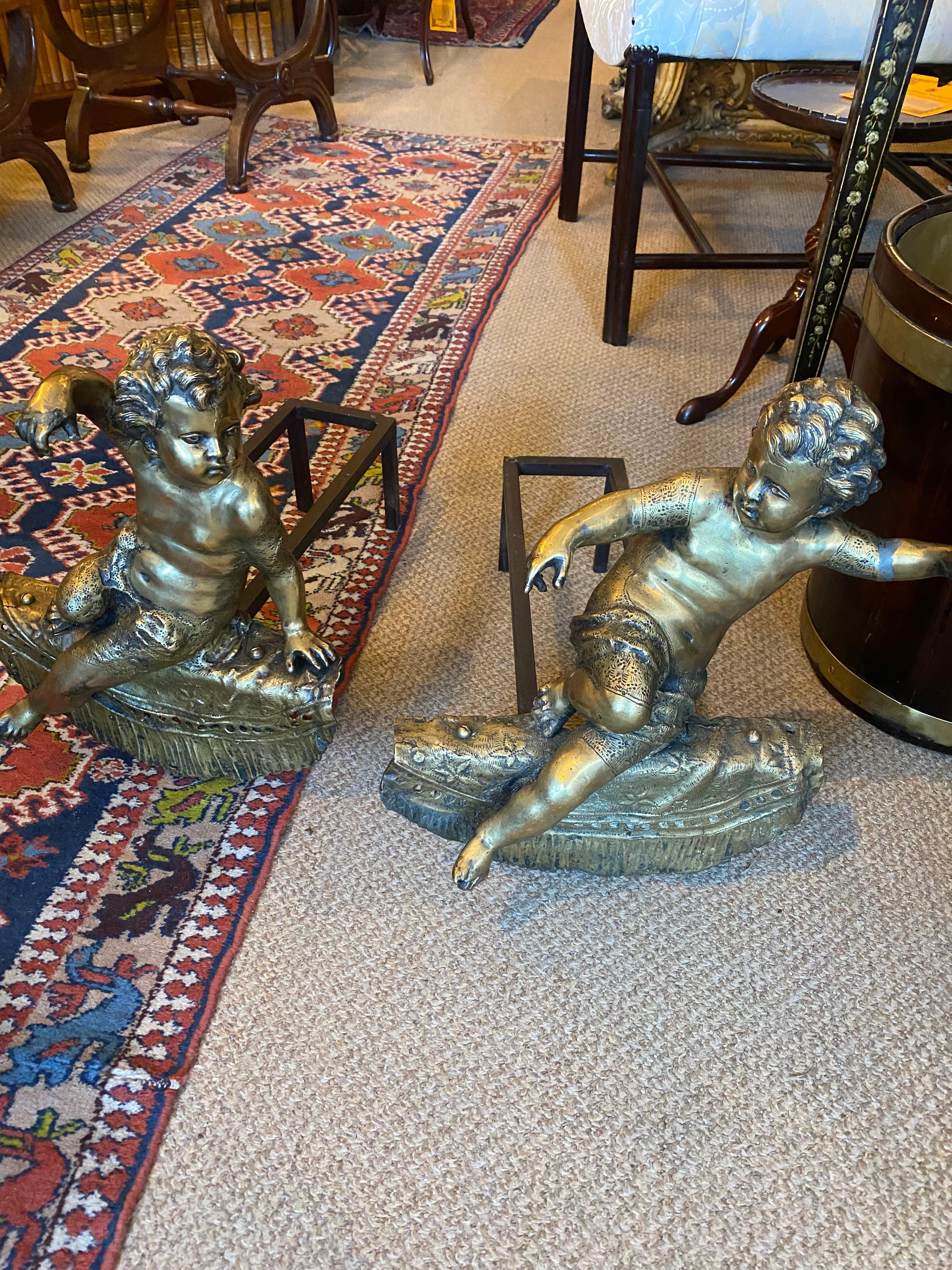 Louis XV Pair of 19th Century Brass Fire Dogs Modeled as Cherubs For Sale