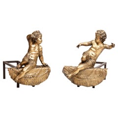 Antique Pair of 19th Century Brass Fire Dogs Modeled as Cherubs