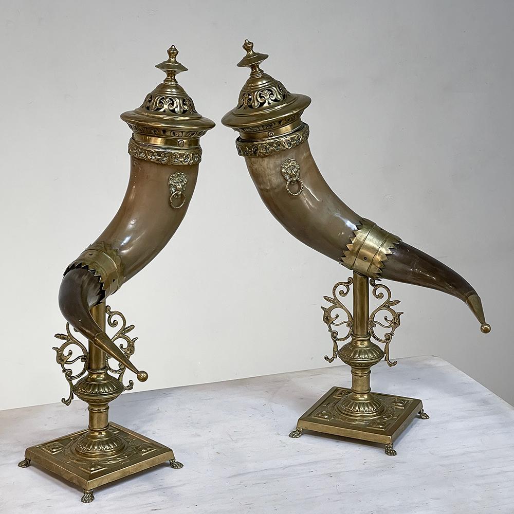 Pair 19th Century Brass & Horn Trophies were designed to be wonderfully decorative items for the masculine decor during the 19th century.  Choice horn specimens were collected, polished then mounted, and in this case richly embellished with crowns,