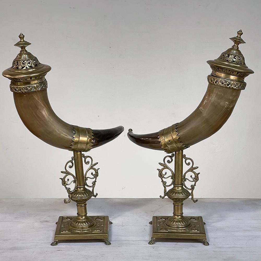 Hand-Crafted Pair 19th Century Brass & Horn Trophies For Sale