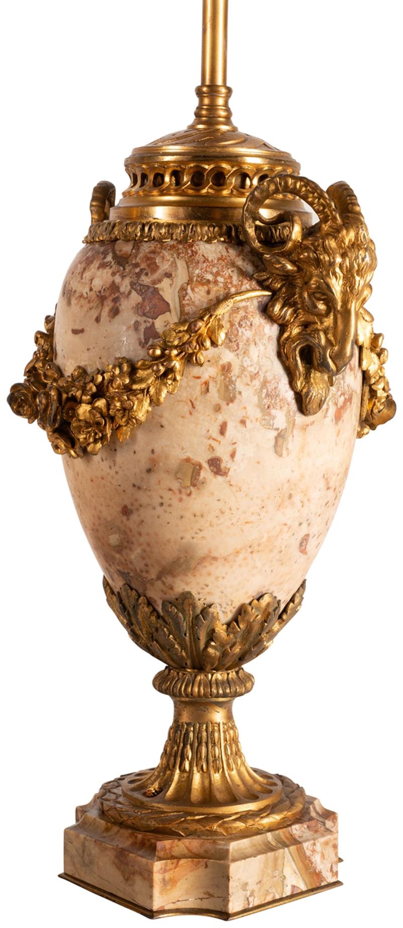 Louis XVI Pair of 19th Century Breccia Marble and Ormolu Urn Vases / Lamps