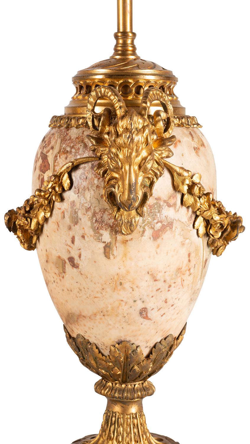 French Pair of 19th Century Breccia Marble and Ormolu Urn Vases / Lamps