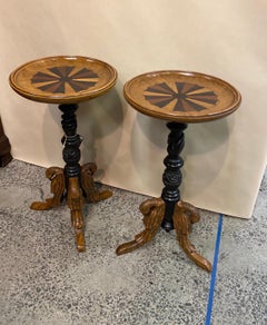 Pair of British Colonial Specimen Top Teapoys with Carved Swans and Hands