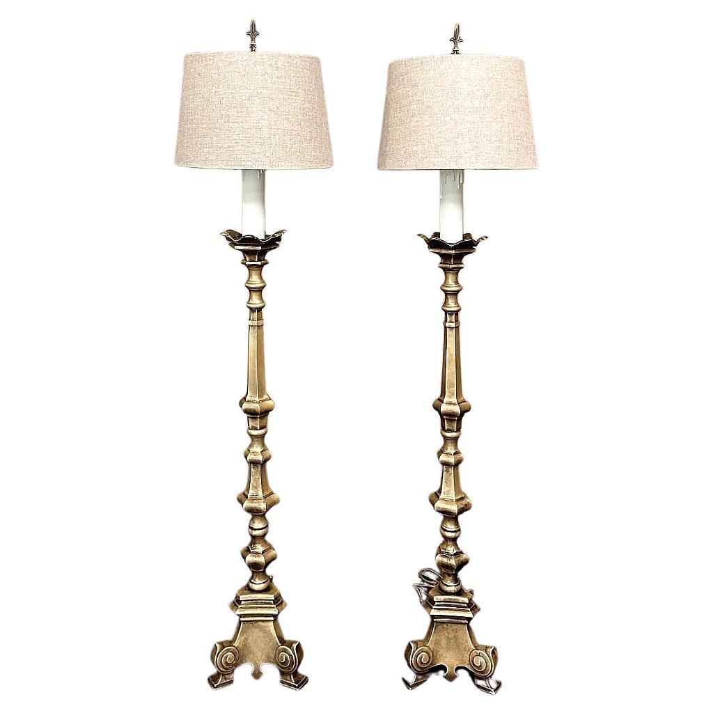 Pair 19th Century Bronze Candlestick Floor Lamps