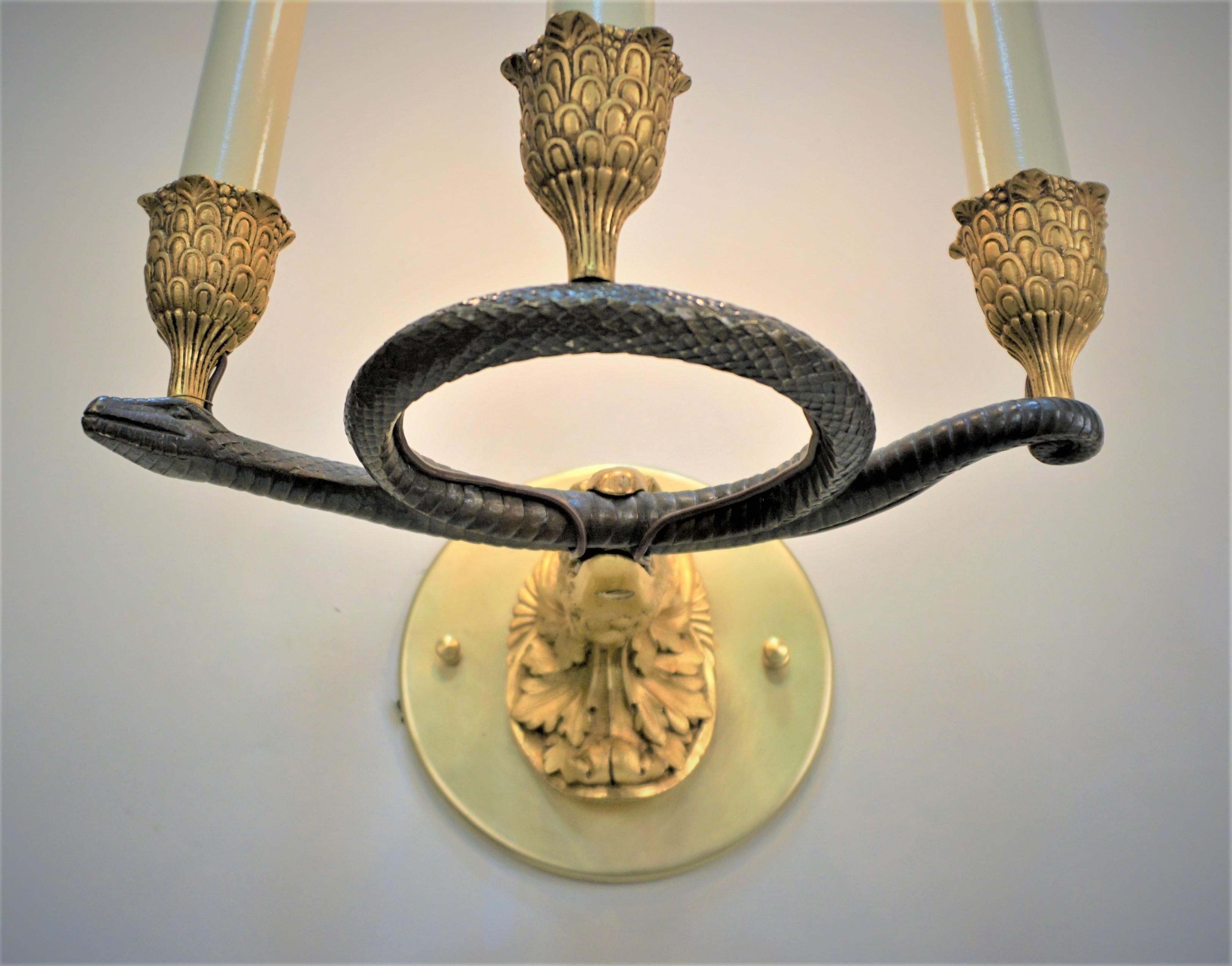 French Pair 19th Century Bronze Eagle and Serpent Wall Sconces For Sale