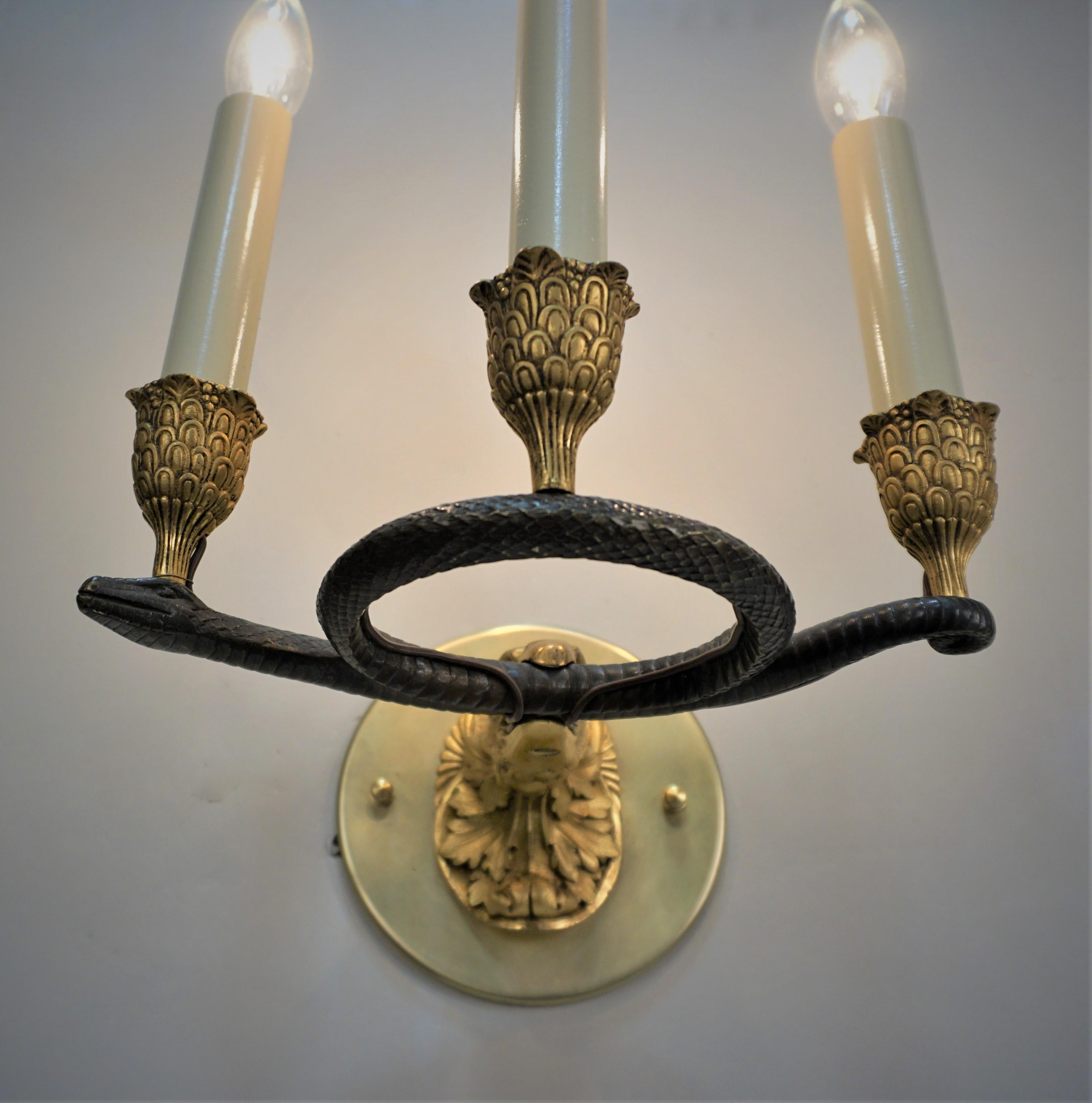Pair 19th Century Bronze Eagle and Serpent Wall Sconces For Sale 1