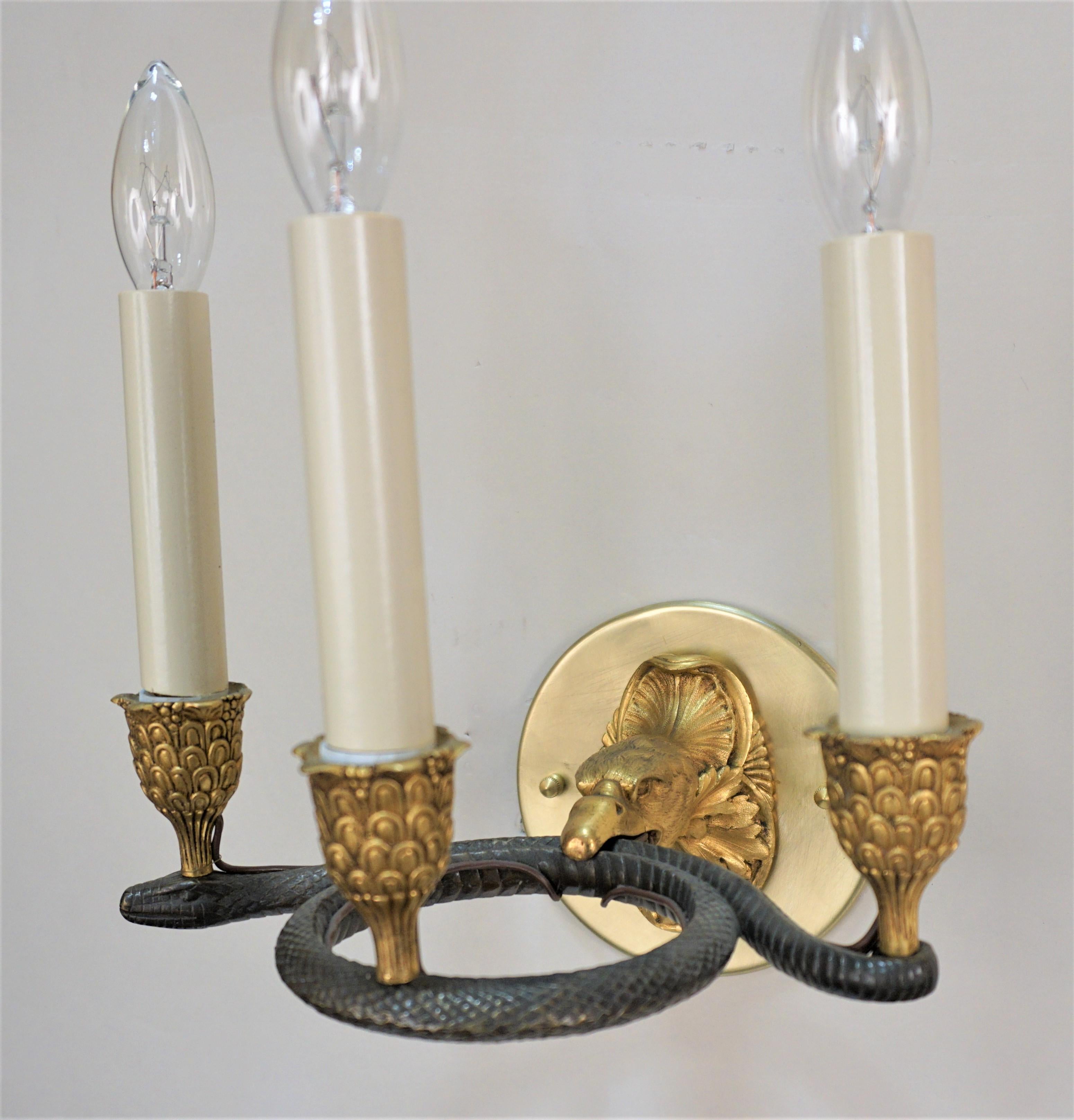 Pair 19th Century Bronze Eagle and Serpent Wall Sconces For Sale 3