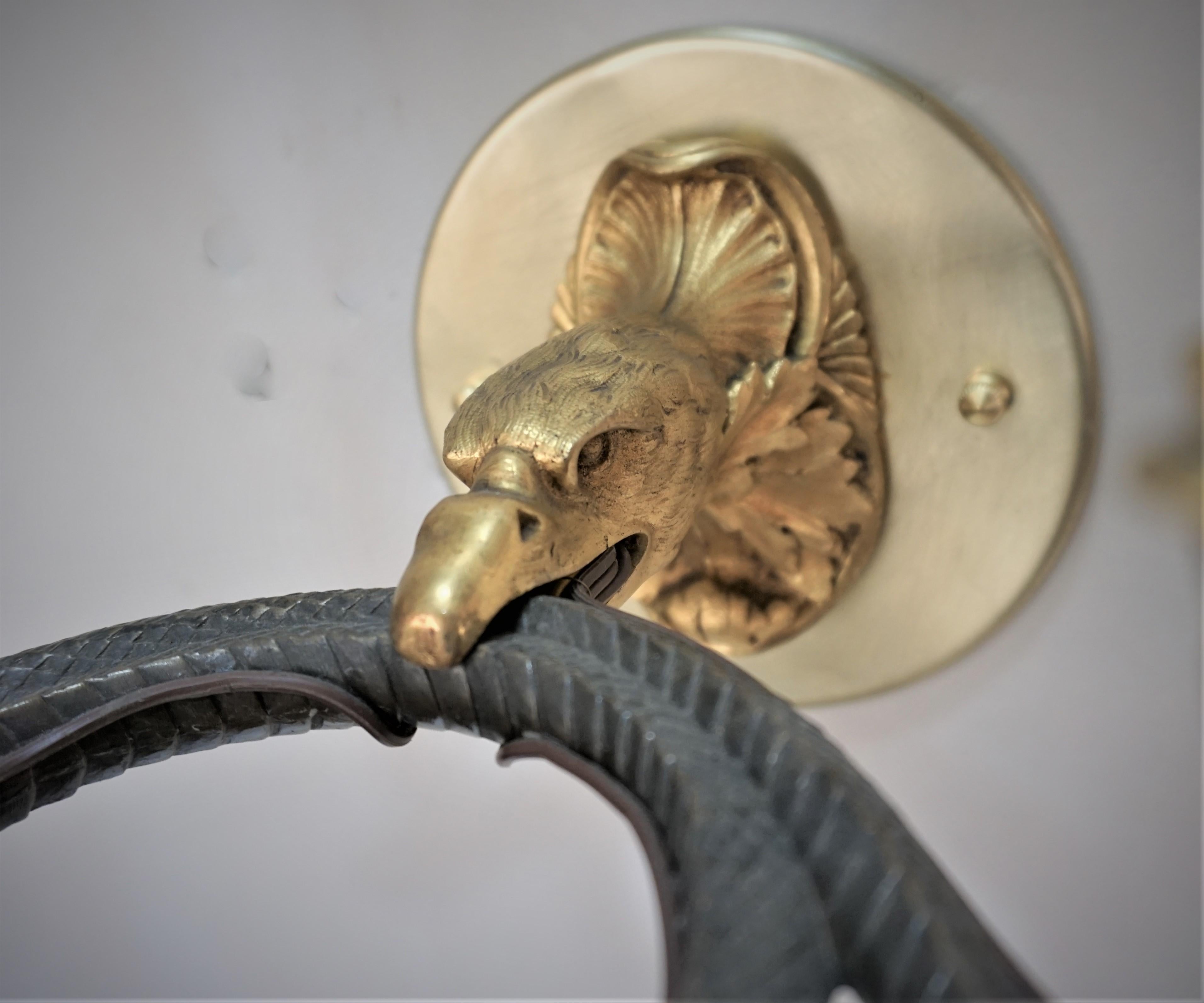 Pair 19th Century Bronze Eagle and Serpent Wall Sconces For Sale 5