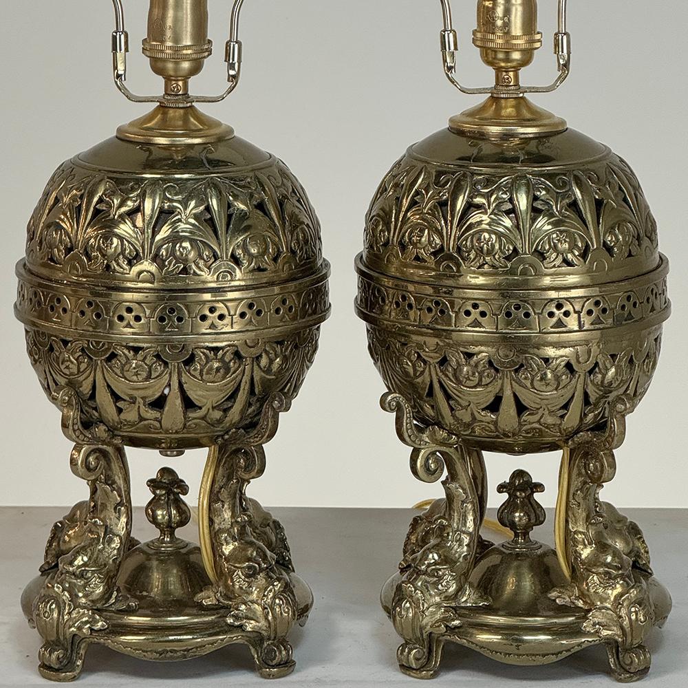 Pair 19th Century Bronze French Napoleon III Period Oil Lantern Table Lamps For Sale 5