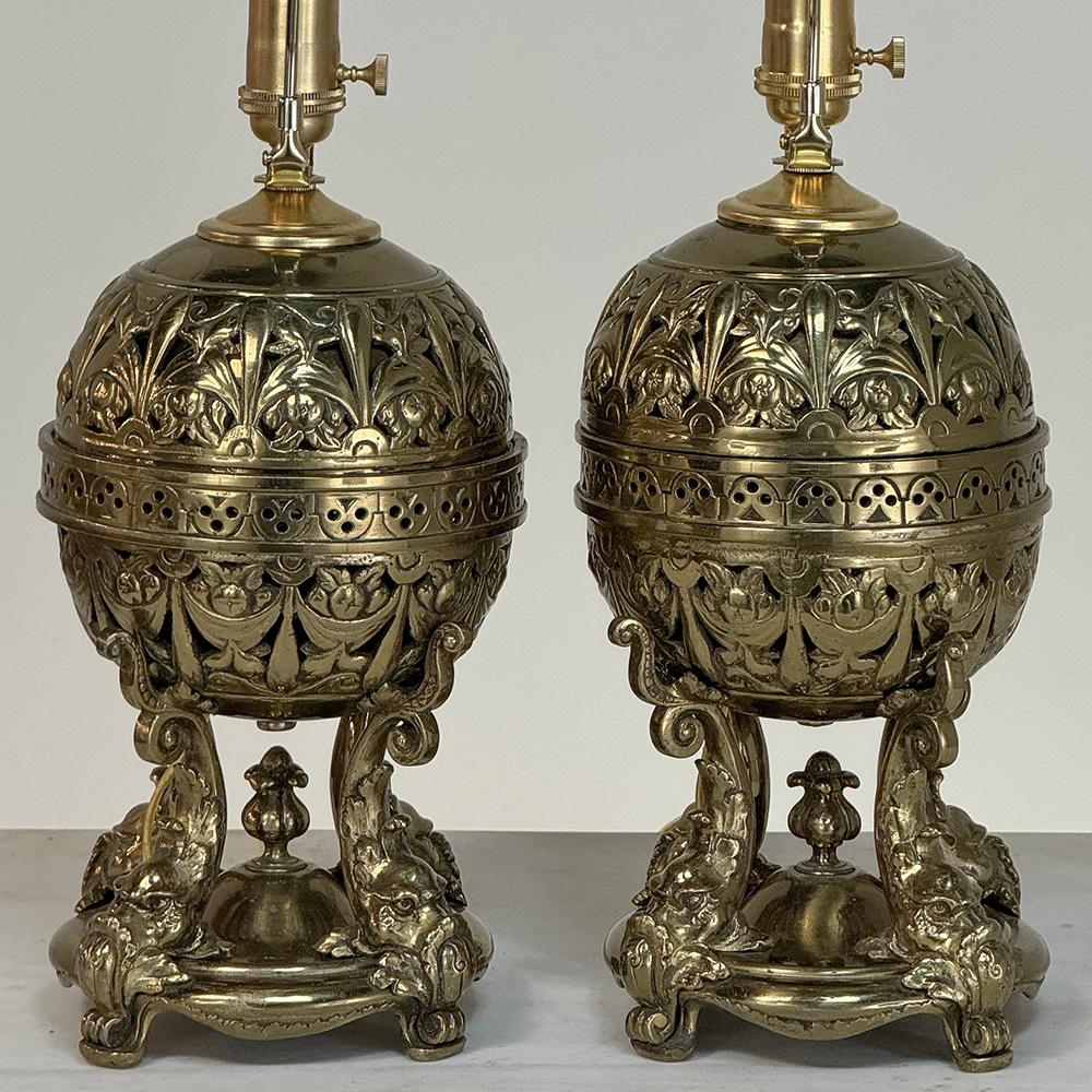 Pair 19th Century Bronze French Napoleon III Period Oil Lantern Table Lamps For Sale 6