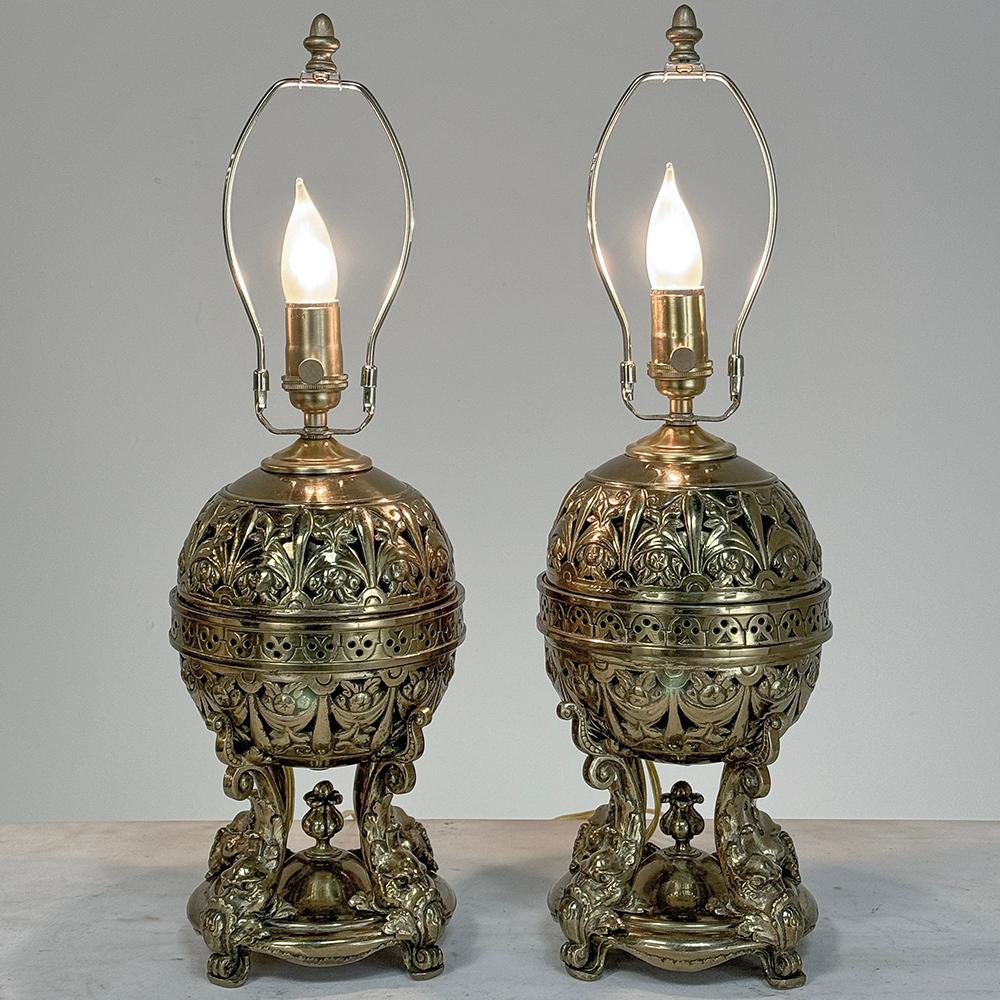 Pair 19th Century Bronze French Napoleon III Period Oil Lantern Table Lamps For Sale 12