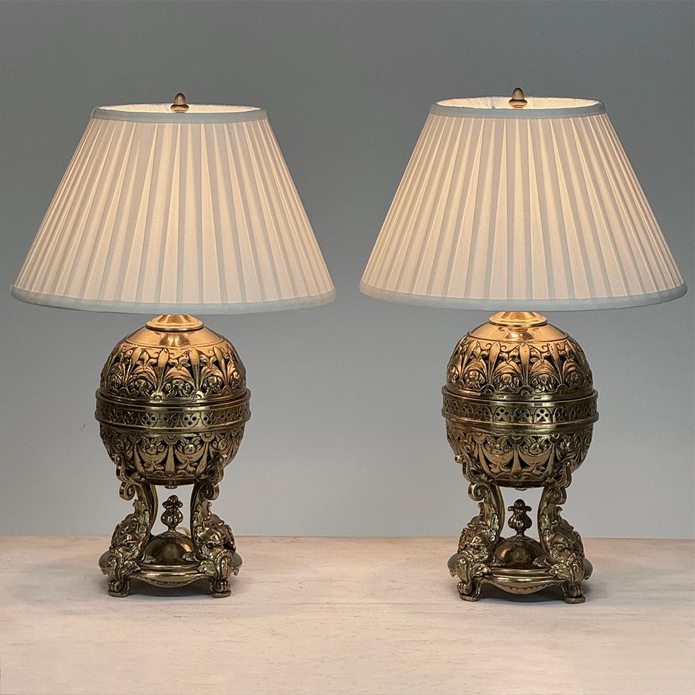 Pair 19th Century Bronze French Napoleon III Period Oil Lanterns converted to Table Lamps will make the perfect finishing touch to any room!  Nothing adds ambiance like antique lighting, and this pair are exceptional.  Cast in bronze, the design