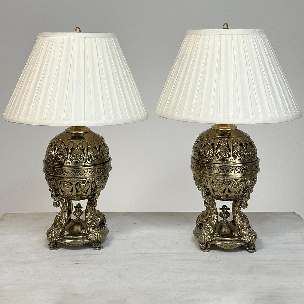 Hand-Crafted Pair 19th Century Bronze French Napoleon III Period Oil Lantern Table Lamps For Sale