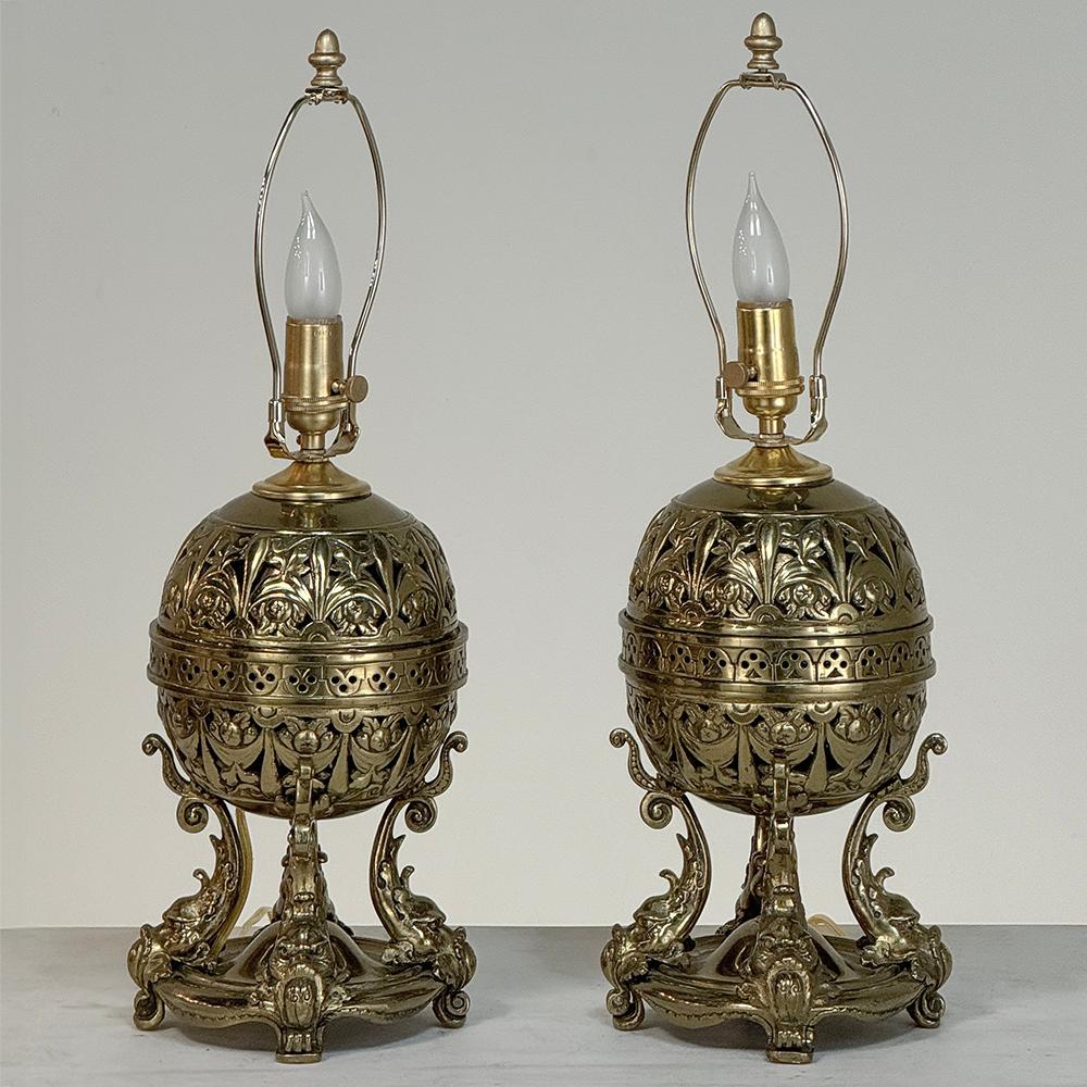 Pair 19th Century Bronze French Napoleon III Period Oil Lantern Table Lamps In Good Condition For Sale In Dallas, TX
