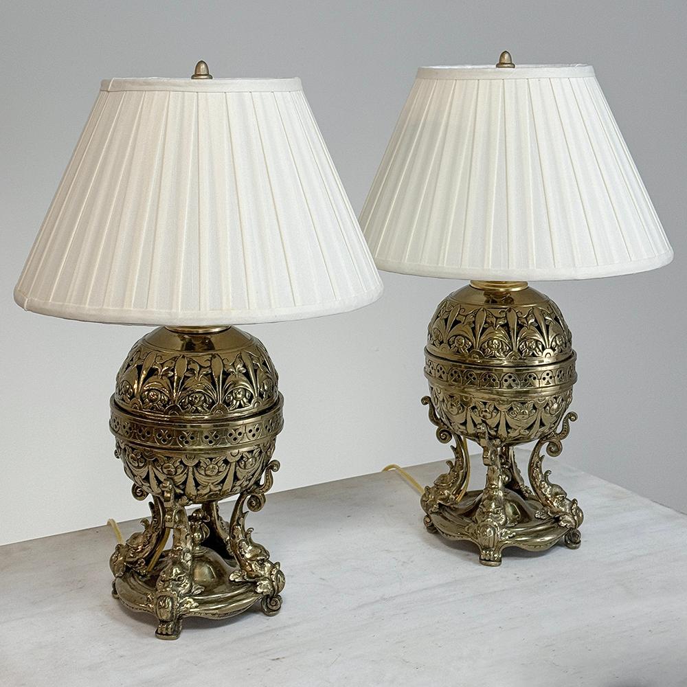 Late 19th Century Pair 19th Century Bronze French Napoleon III Period Oil Lantern Table Lamps For Sale