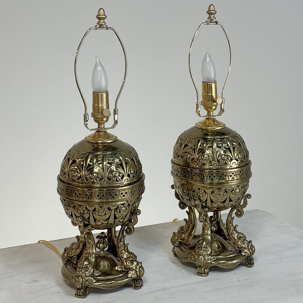 Pair 19th Century Bronze French Napoleon III Period Oil Lantern Table Lamps For Sale 1