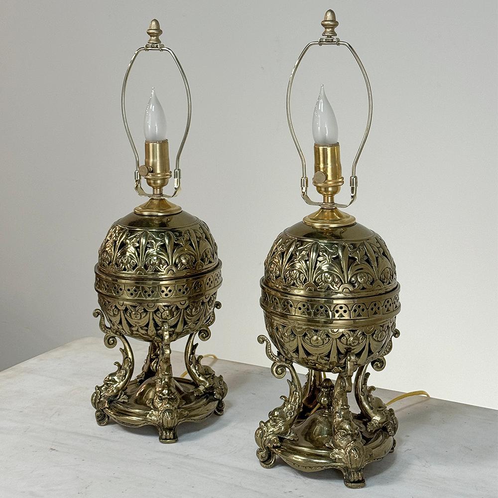 Pair 19th Century Bronze French Napoleon III Period Oil Lantern Table Lamps For Sale 2